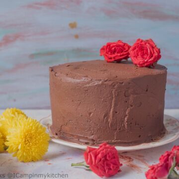 Banana Coconut Cake filled and frosted with chocolate ganache