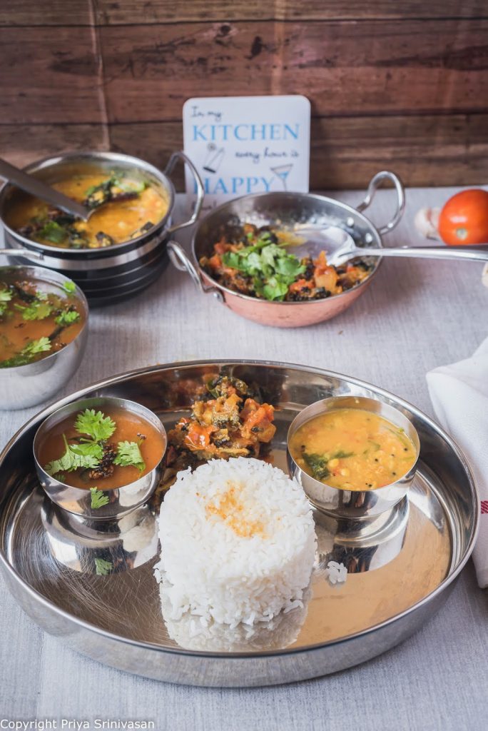indian thali meal with dal, rice and subzi