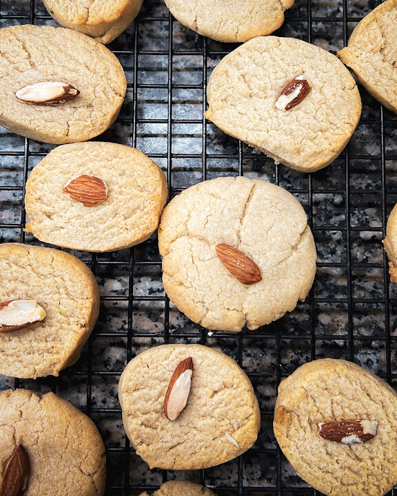 Eggless Almond cookies, just out of the oven on a wire rack