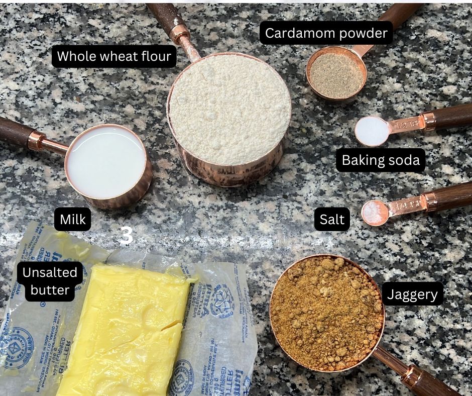 Ingredients for making whole wheat cookies with cardamom 