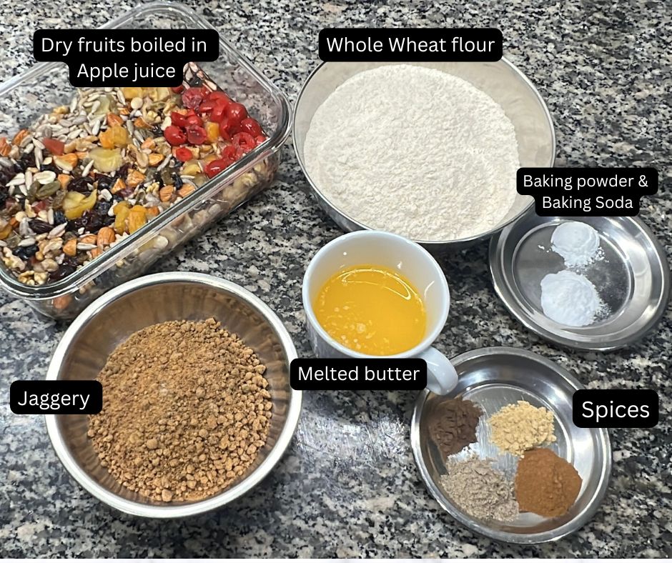 Ingredients for making eggless plum cake without alcohol