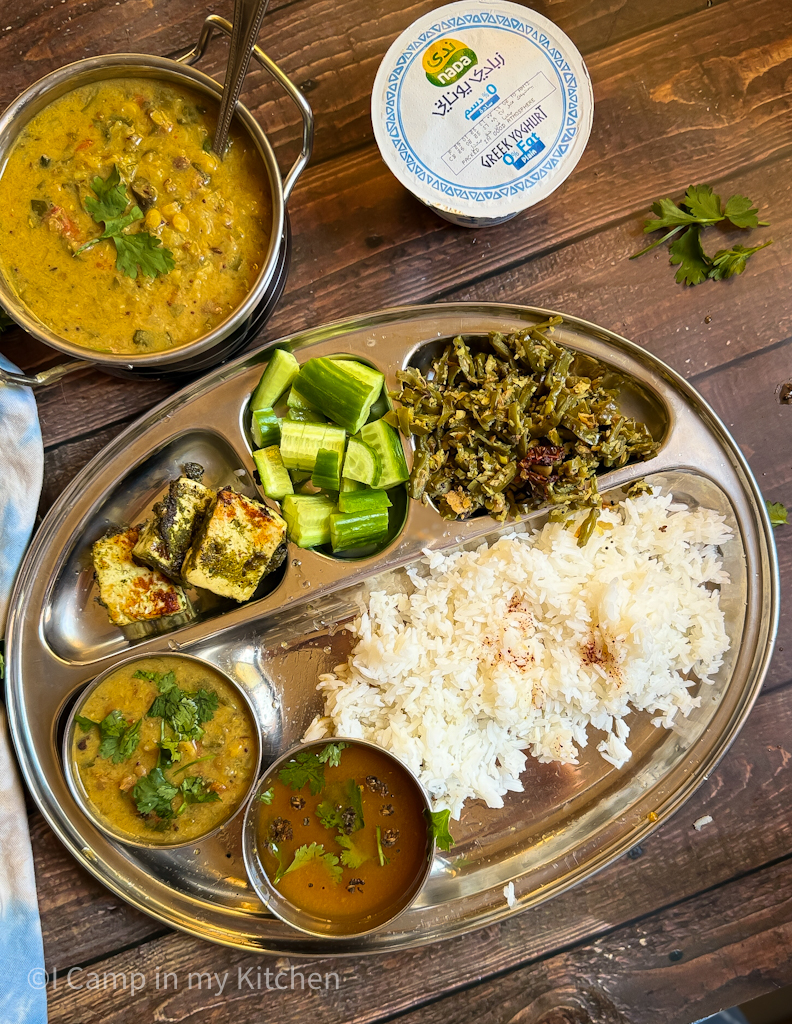 Lunch thali with ek thali dal, rasam and paneer