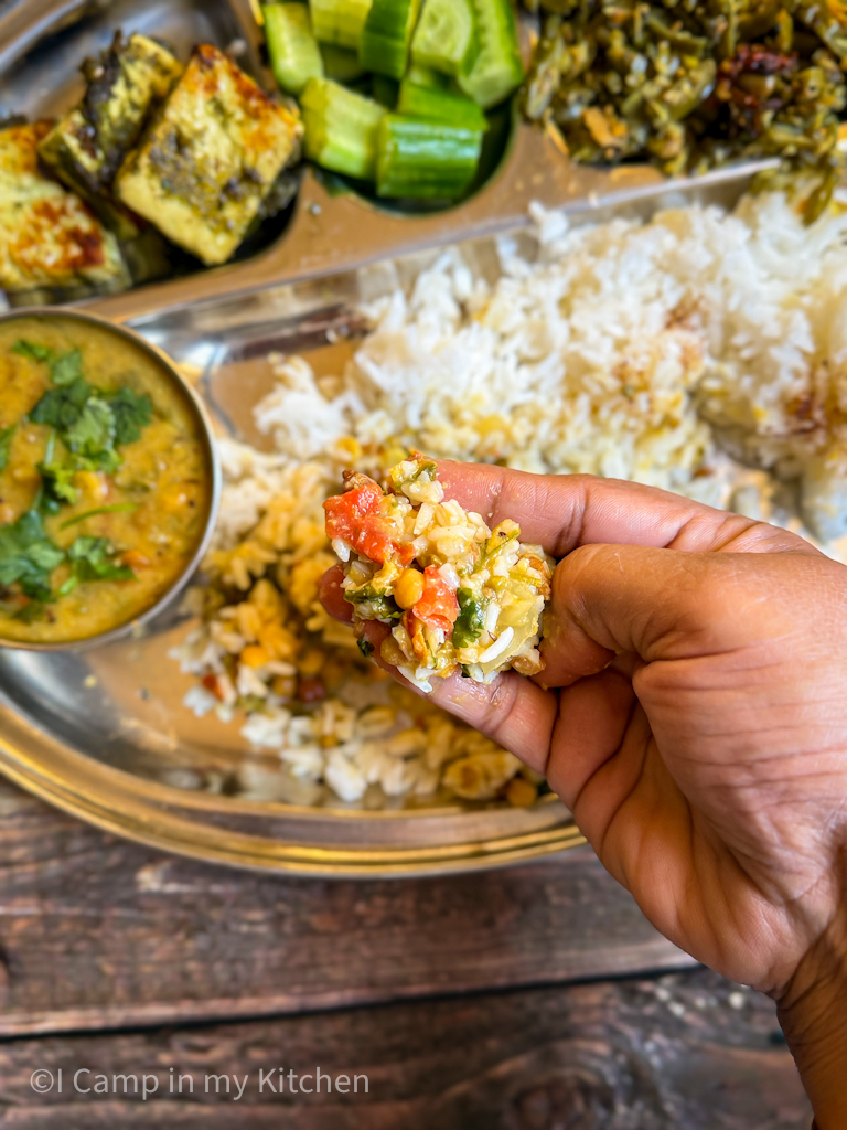 Simple vegetarian thali with ek thali dal, rasam and curry