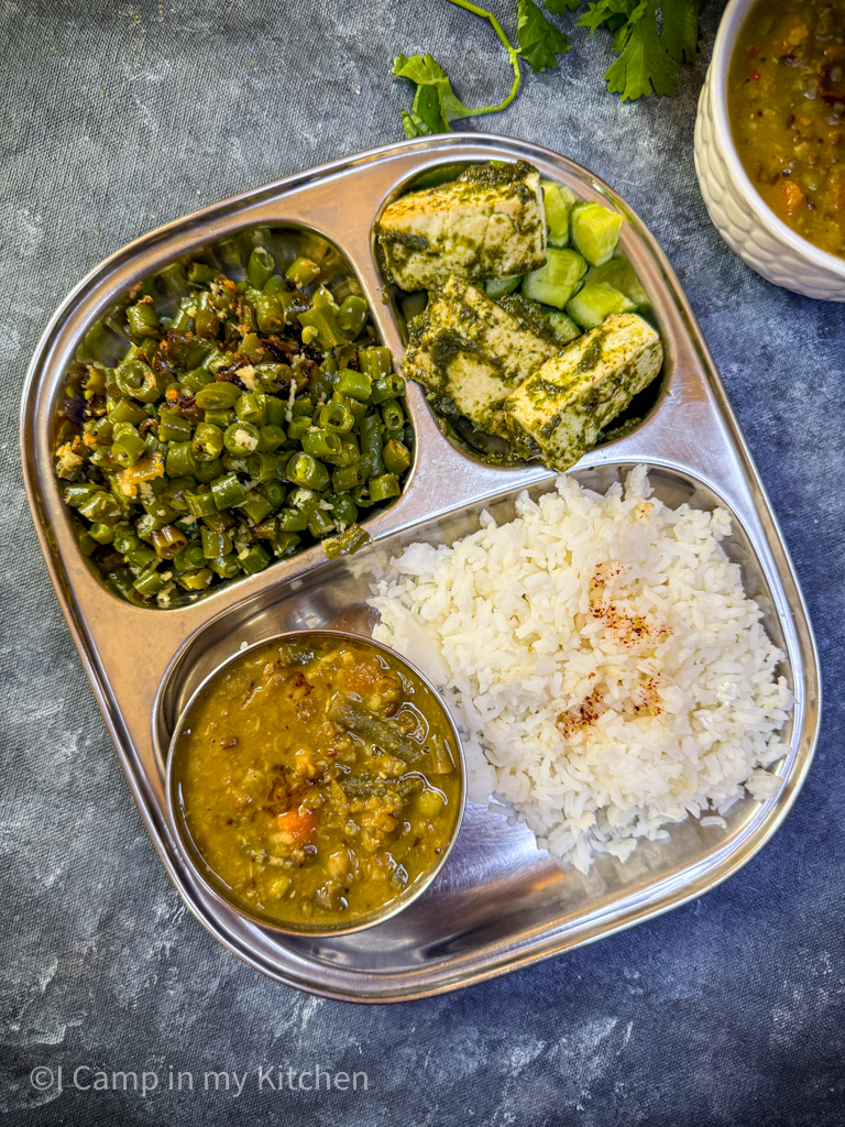 Simple Weekday Lunch thali with puli kootu and beans curry