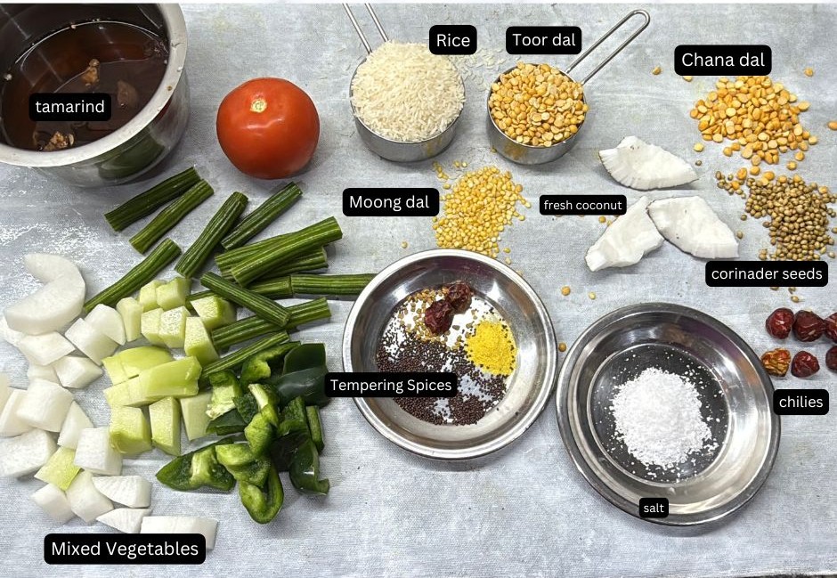 ingredients for   making tangy and spicy sambar sadham 