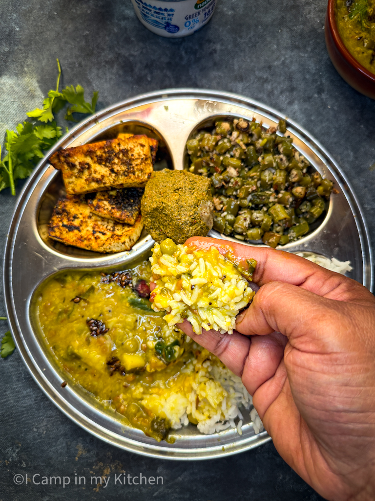 Lunch thali with methi matar dal and paneer